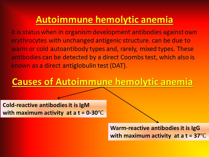 Autoimmune hemolytic anemia it is status when in organism development antibodies against own erythrocytes